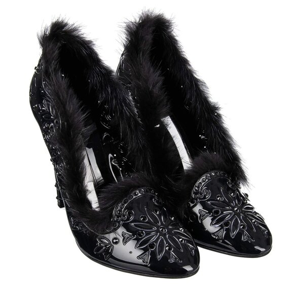 Dolce & Gabbana - Cinderella Fur and PVC Pumps with Crystals Black 37 - Picture 4 of 5